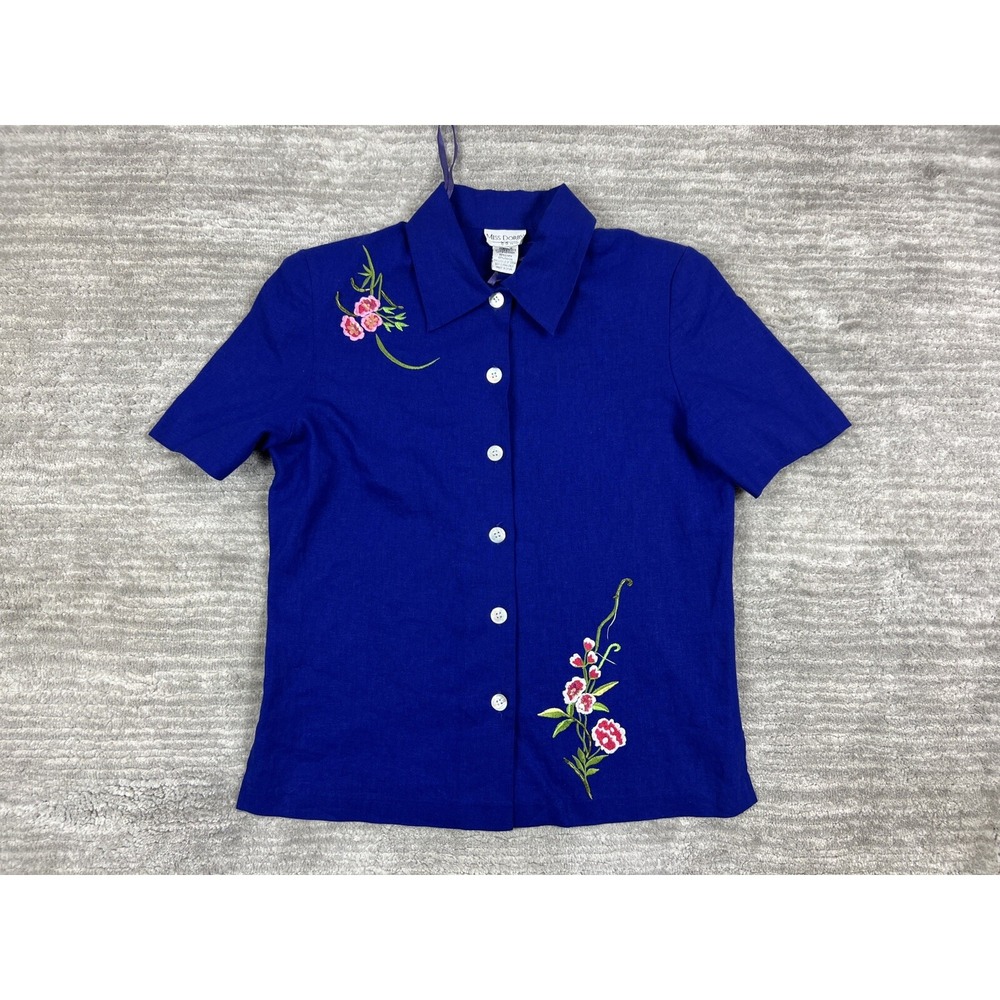 Miss Dorby Blouse Womens 6P Blue Floral Embroidered‎ Linen Blend Button Up Top